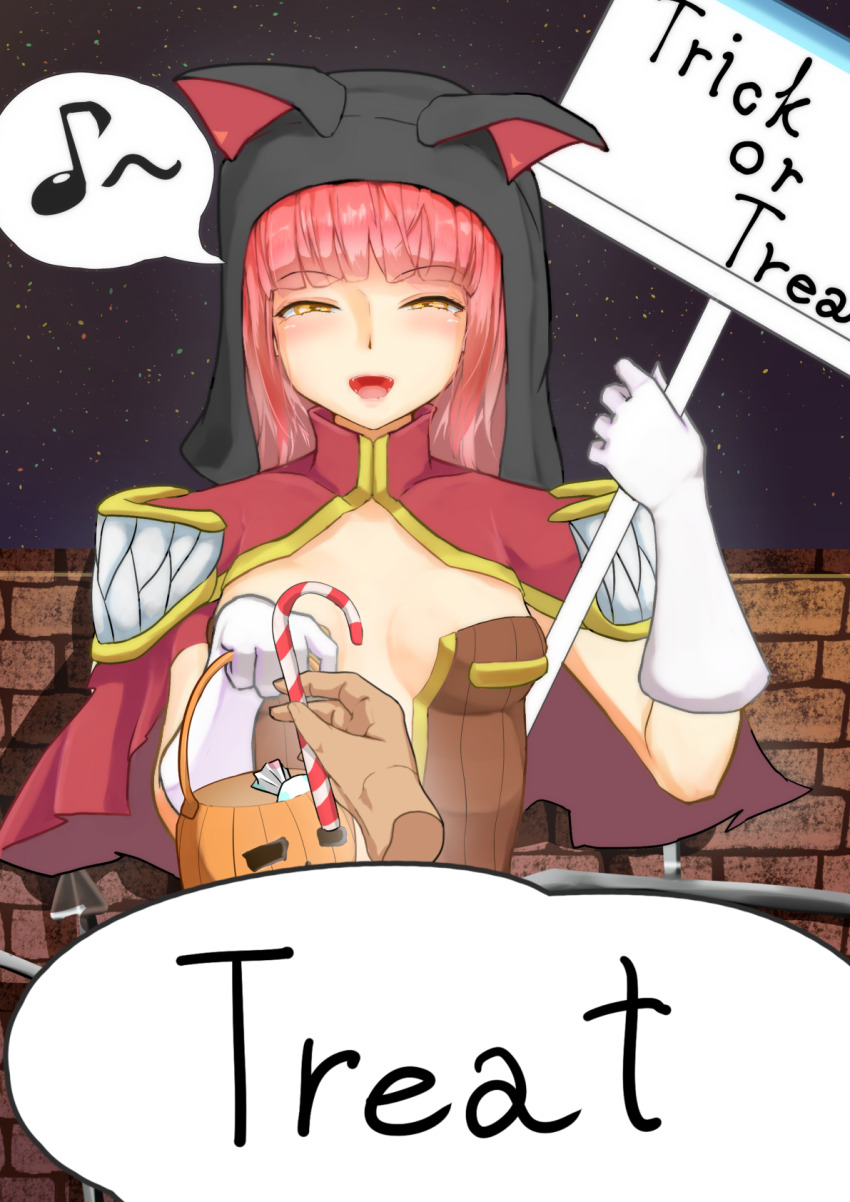 1boy, 1girl, animal_hood, blunt_bangs, blush, breasts, brick_wall, brown_dress