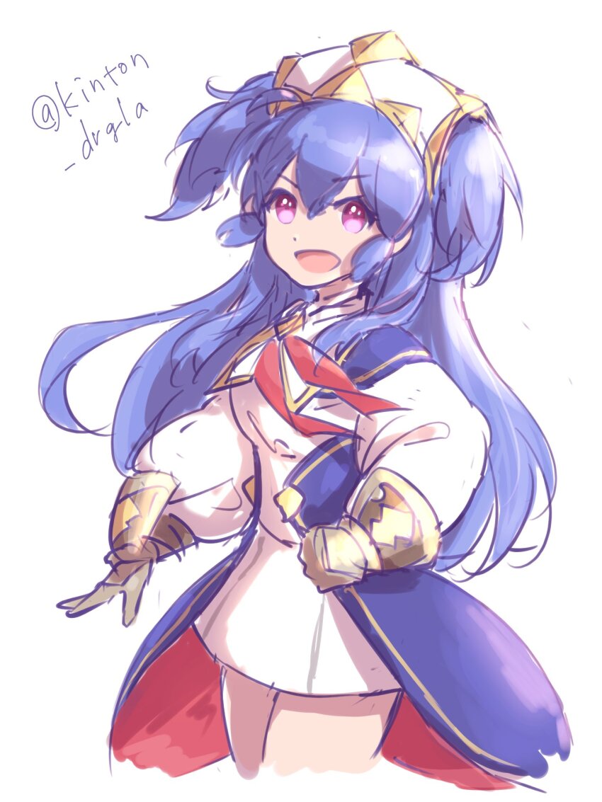 1girl, :d, blue_hair, clenched_hand, dragalia_lost, dress, estelle_(dragalia_lost), hair_between_eyes, highres, kinton_drgla, long_hair, looking_at_viewer, neckerchief, one-hour_drawing_challenge, open_mouth, puffy_sleeves, red_eyes, red_neckerchief, smile, solo, twitter_username, very_long_hair, white_background, white_dress
