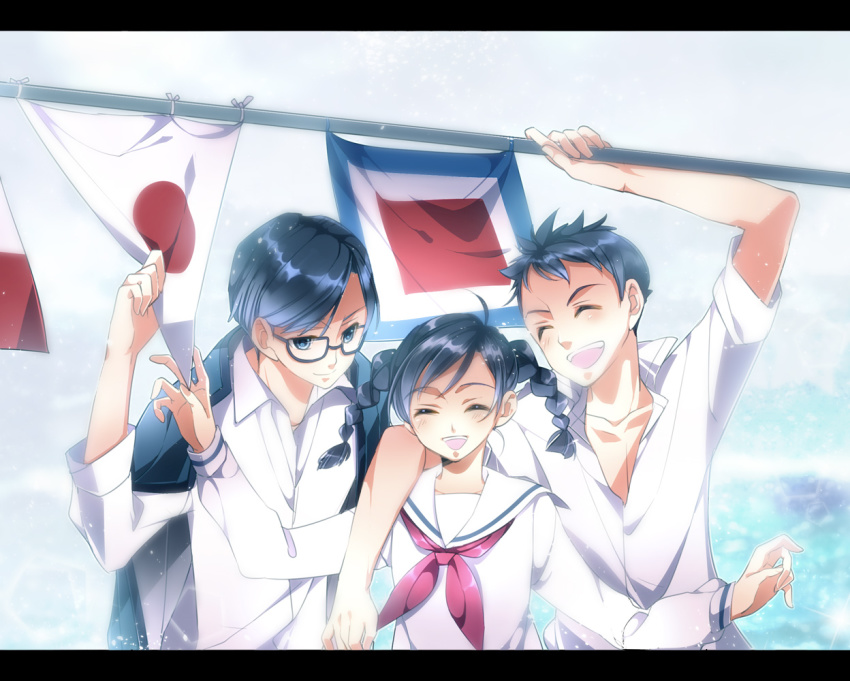 1girl, 2boys, black_hair, braid, closed_eyes, flag, fujiwara_rika, glasses, group_hug, hanei, hug, kazama_shun, kokurikozaka_kara, komatsuzaki_umi, letterboxed, mizunuma_shirou, multiple_boys, school_uniform, serafuku, smile, studio_ghibli, twin_braids