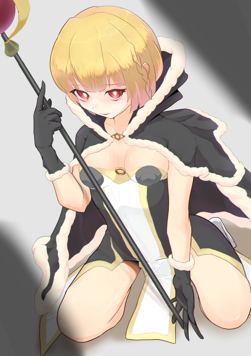 1girl, black_cape, black_dress, black_gloves, blonde_hair, blunt_bangs, bob_cut, breasts