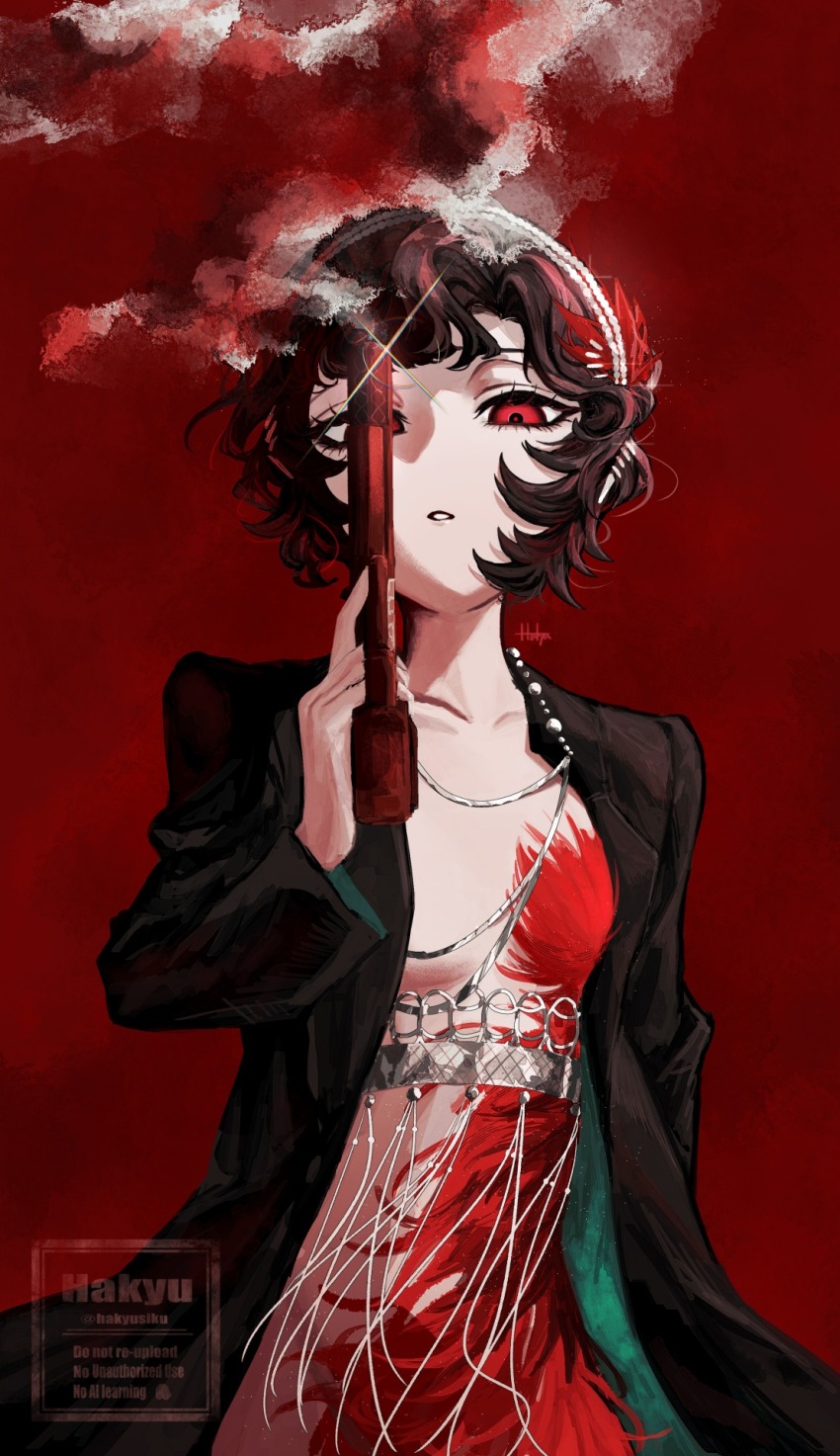 1girl, black_coat, black_hair, breasts, coat, dress, feather_dress, feather_hair_ornament