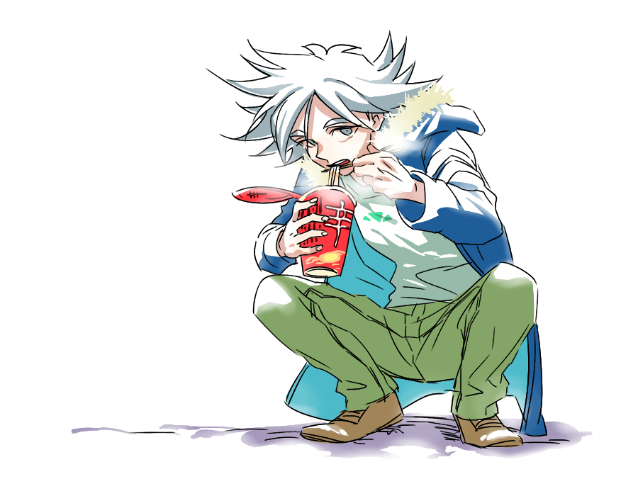 1boy, aged_up, bad_id, bad_pixiv_id, blue_eyes, chopsticks, instant_cup_noodles, eating