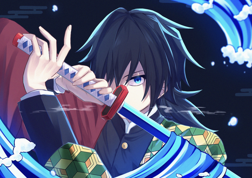 1boy, black_hair, black_jacket, blue_eyes, bont_ill, buttons, demon_slayer_uniform, gold_buttons