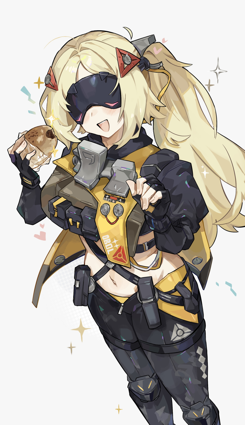 1girl, absurdres, black_gloves, black_pants, blindfold_mask, blonde_hair, camouflage, camouflage_pants