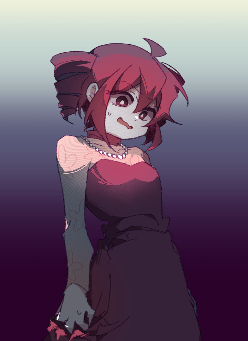 1girl, ahoge, alternate_costume, bead_necklace, beads, breasts, bright_pupils, clothes_grab