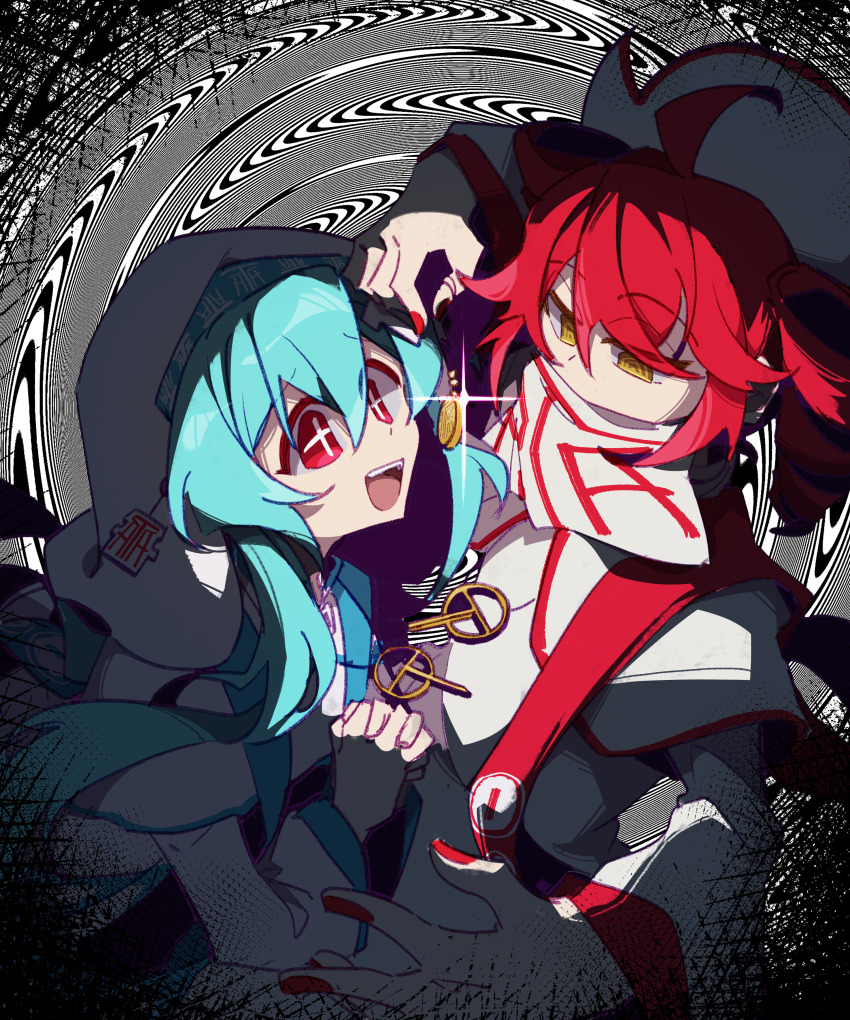 +_+, 2girls, absurdres, ahoge, aqua_hair, capelet, coin, coin_on_string