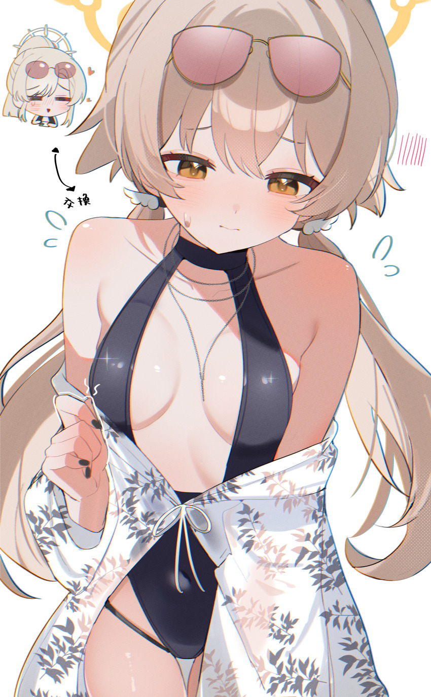 2girls, absurdres, alternate_costume, black_nails, blue_archive, breasts, brown_hair, closed_mouth, commentary, cosplay, eyewear_on_head, fingernails, halo, hifumi_(blue_archive), highres, long_hair, multiple_girls, nagisa_(blue_archive), nagisa_(blue_archive)_(cosplay), nagisa_(swimsuit)_(blue_archive), nail_polish, orange_eyes, shusuchii, small_breasts, sunglasses, swimsuit, untranslatable_commentary, translation_request, twintails, yellow_halo