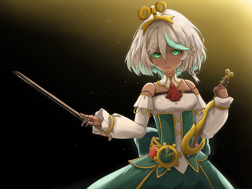 1girl, :3, bow_(music), breasts, cecilia_immergreen, cecilia_immergreen_(1st_costume), closed_mouth, colored_inner_hair