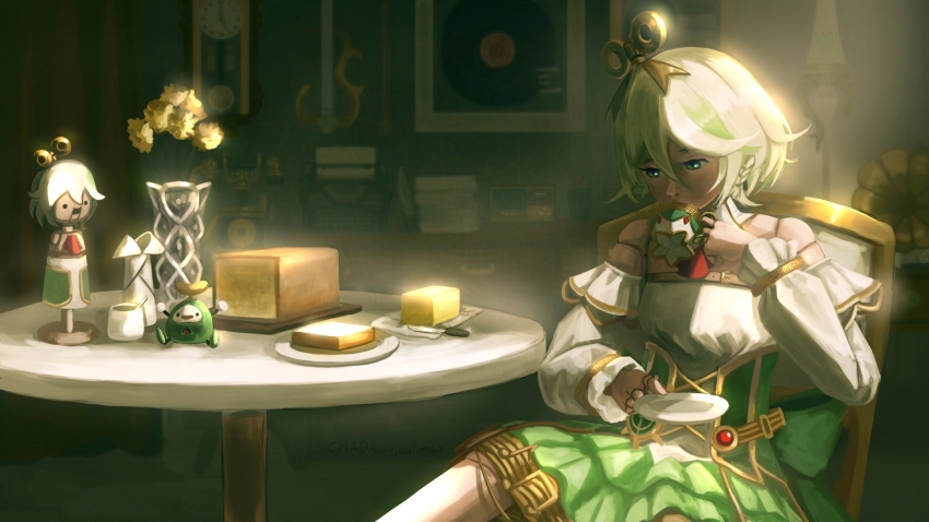 1girl, ascot, bread, cecilia_immergreen, cecilia_immergreen_(1st_costume), cecilia_immergreen_(puppet), chada_ijwtmcs, chair