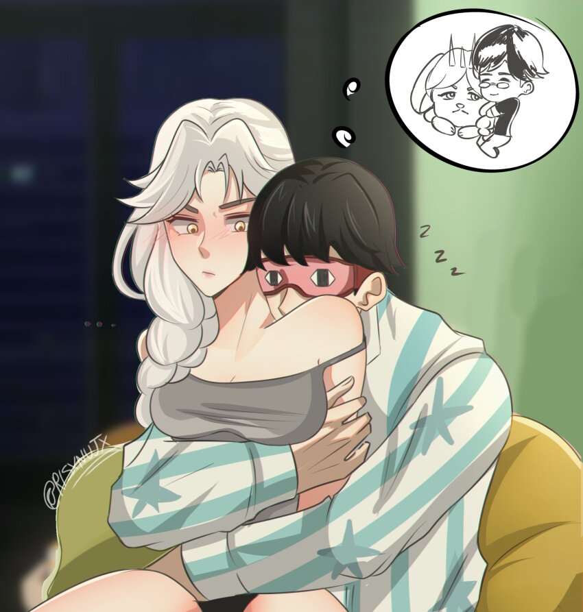 1boy, 1girl, artist_name, bare_shoulders, black_hair, blindfold, blush, braid, braided_ponytail, breasts, camisole, cleavage, closed_mouth, commentary, dreaming, english_commentary, grey_camisole, hetero, highres, hug, hug_from_behind, indoors, long_hair, looking_at_another, medium_breasts, pajamas, queen_(to_be_hero_x), risxnujx, short_hair, striped_clothes, striped_pajamas, to_be_hero_x, twitter_username, white_hair, x_(to_be_hero_x), yellow_eyes, zzz