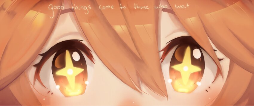 +_+, 1girl, artistsquared, english_text, eye_banner_(trend), eye_focus, hair_between_eyes, highres, horse_girl, looking_at_viewer, matikanefukukitaru_(umamusume), orange_hair, solo, star-shaped_pupils, star_(symbol), symbol-shaped_pupils, umamusume