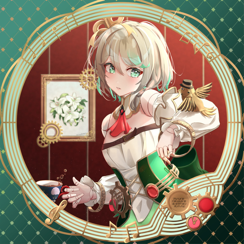 1girl, absurdres, ascot, cecilia_immergreen, corset, cup, detached_collar, detached_sleeves