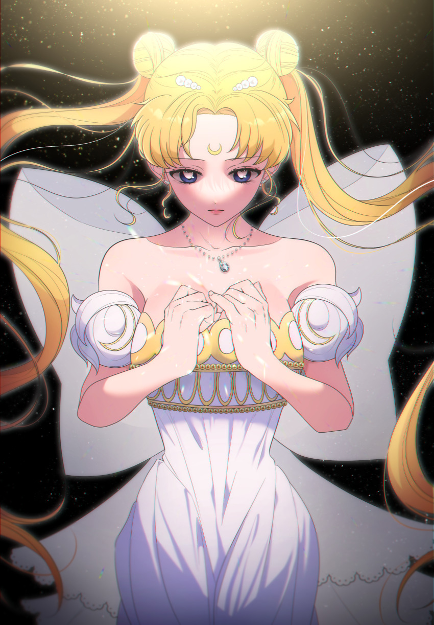 1girl, absurdres, bare_shoulders, bishoujo_senshi_sailor_moon, blonde_hair, breasts, collarbone, crescent, crescent_facial_mark, double_bun, dress, earrings, facial_mark, forehead_mark, gem, hair_bun, hair_ornament, highres, jewelry, knn_nabi, lips, long_hair, maboroshi_no_ginzuishou, medium_breasts, necklace, princess_serenity, strapless, strapless_dress, tsukino_usagi, twintails, very_long_hair