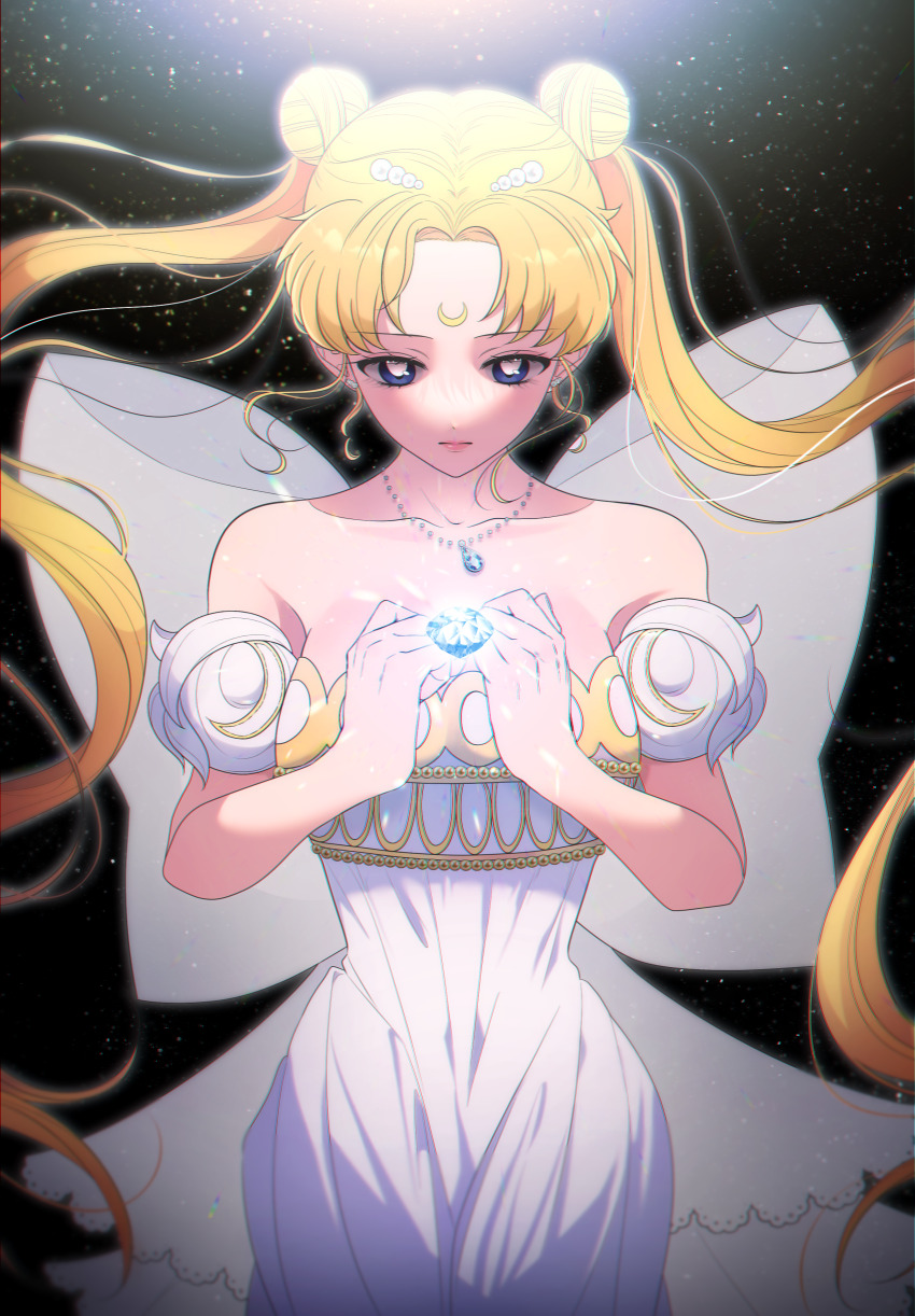 1girl, absurdres, bare_shoulders, bishoujo_senshi_sailor_moon, blonde_hair, breasts, collarbone, crescent