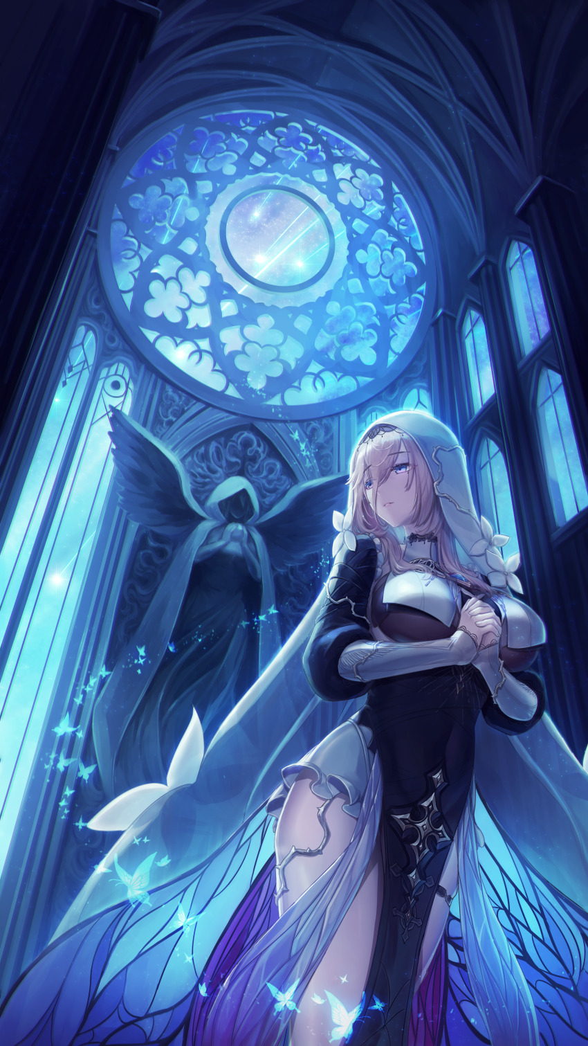 1girl, absurdres, angel_statue, aponia, architecture, black_dress, blue_butterfly, blue_eyes