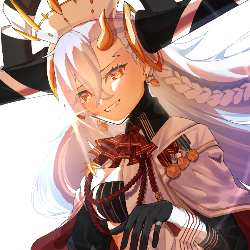 1girl, ascot, black_gloves, braid, commentary_request, earrings, fate/grand_order, fate_(series), floating_hair, gloves, gold_trim, grin, hat, highres, horns, jewelry, long_hair, looking_at_viewer, olga_marie_animusphere, orange_eyes, red_ascot, ring, sharp_teeth, simple_background, single_horn, smile, solo, symbol-shaped_pupils, t_maguo, teeth, u-olga_marie, u-olga_marie_(second_ascension), white_background, white_hair, white_hat, yellow_horns