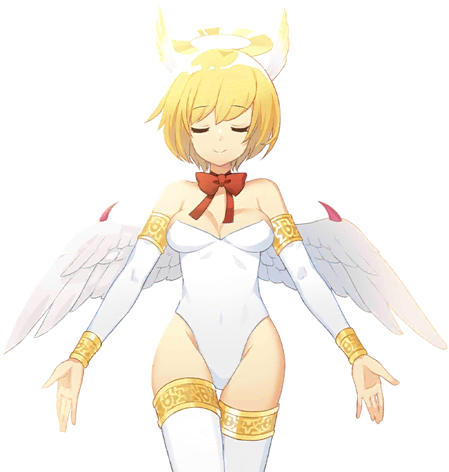 1girl, angel, angel_(monster_farm), armlet, blonde_hair, bracelet, breasts, closed_eyes