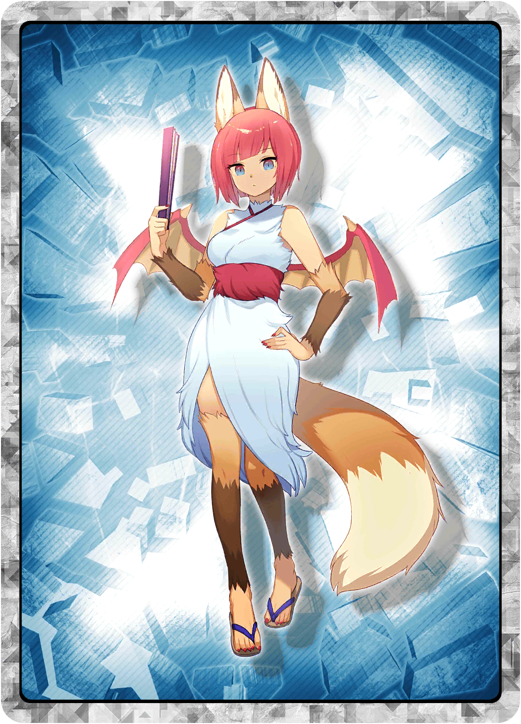 1girl, animal_ears, blue_eyes, flip-flops, fox_girl, fur_bikini, fur_dress, hand_fan, highres, horns, kacho_fugetsu_(monster_farm), kitsune, line:_monster_farm, monster_farm, monster_girl, nail_polish, official_art, paper_fan, pixie_(monster_farm), pixie_cut, pointy_ears, red_hair, sandals, tail, wings