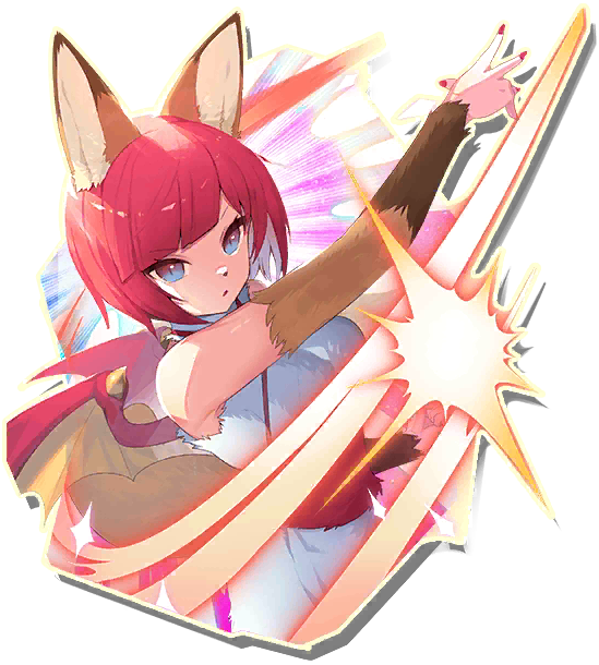 1girl, animal_ears, blue_eyes, fox_girl, fur_bikini, fur_dress, horns, kacho_fugetsu_(monster_farm), kitsune, line:_monster_farm, monster_farm, monster_girl, nail_polish, official_art, pixie_(monster_farm), pixie_cut, pointy_ears, red_hair, wings