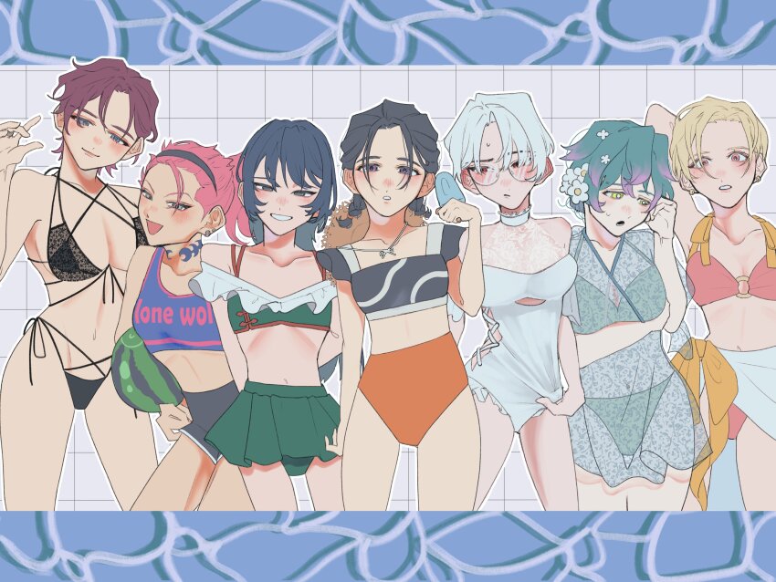 6+girls, absurdres, bikini, black_hair, blonde_hair, blue_hair, charisma_house, cowboy_shot