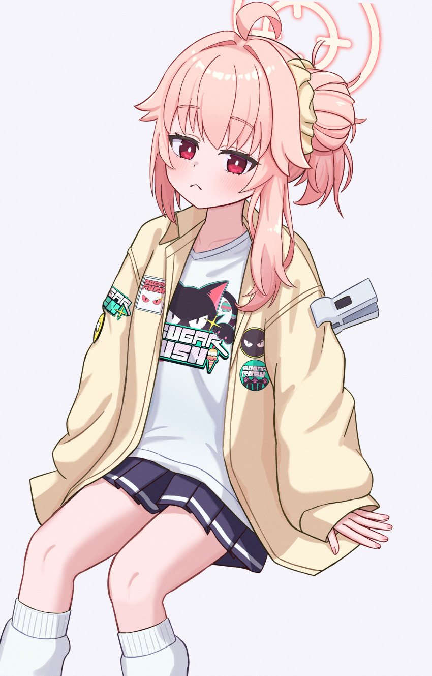 1girl, :<, absurdres, ahoge, arm_support, badge, black_skirt, blue_archive