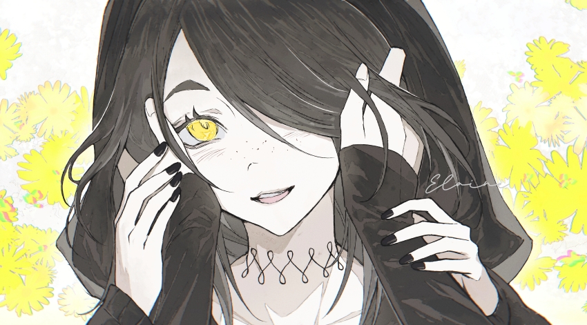 2girls, :3, absurdres, artist_name, ashley_graves, black_choker, black_hair, black_hoodie