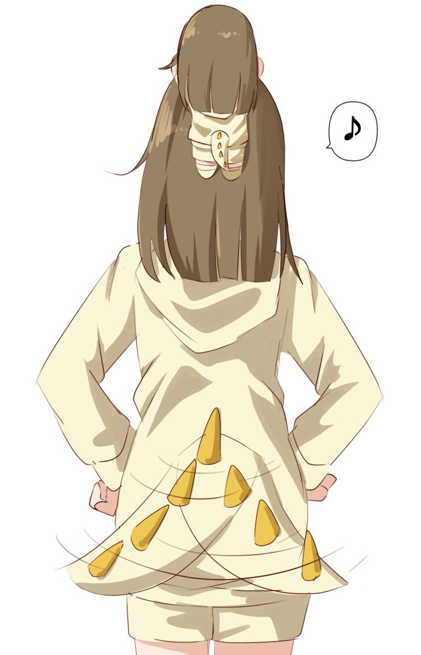 1girl, blunt_ends, brown_hair, character_doll, commentary_request, cowboy_shot, dinosaur_tail, doll