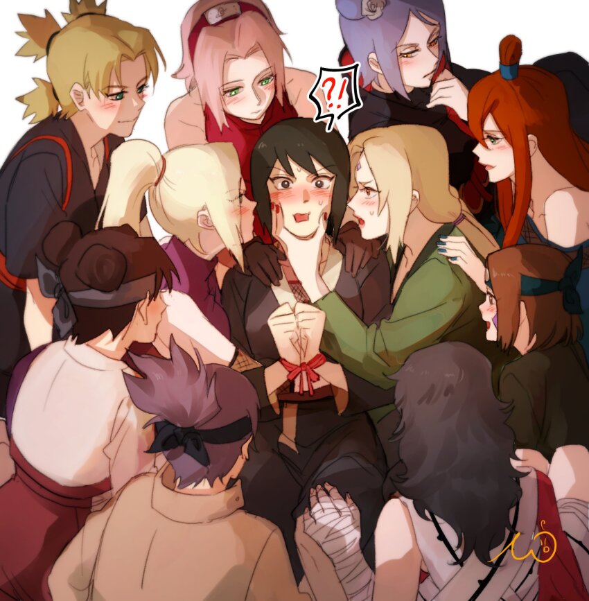 !?, 6+girls, affectionate_harem, akatsuki_uniform, bandaged_arm, bandages, black_eyes, black_hair