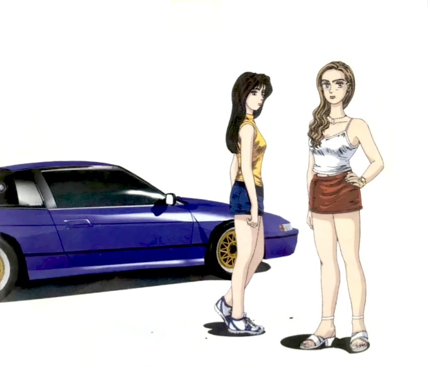 2girls, armpits, bare_legs, blue_eyes, blue_skirt, blush, brown_eyes, brown_hair