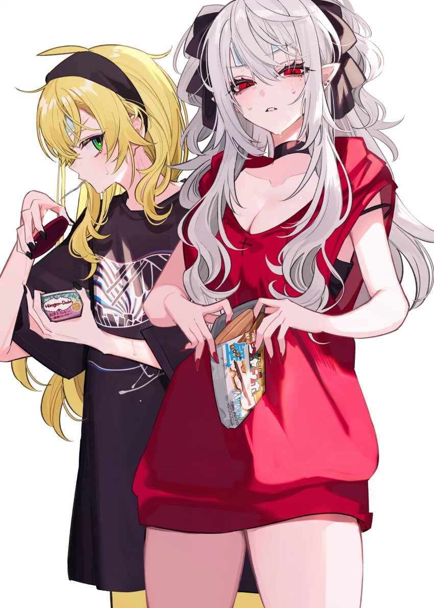 2girls, alternate_costume, bare_arms, black_choker, black_headband, black_nails, black_shirt, blonde_hair