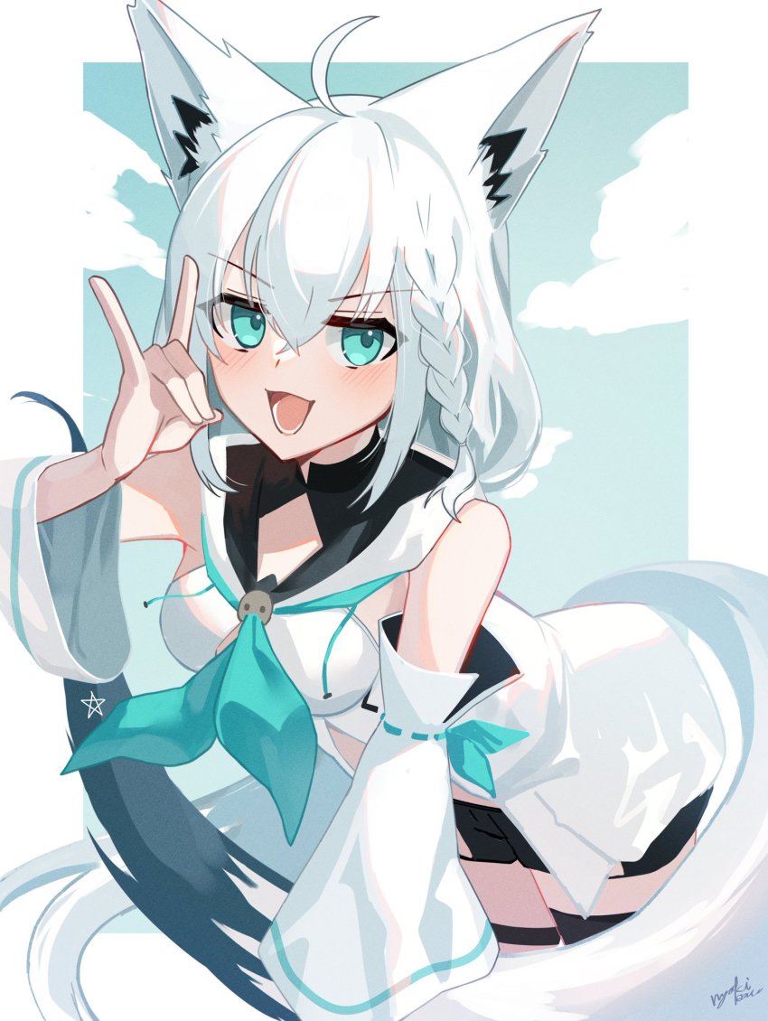 1girl, ahoge, animal_ear_fluff, animal_ears, aqua_eyes, aqua_neckerchief, black_shorts, blush
