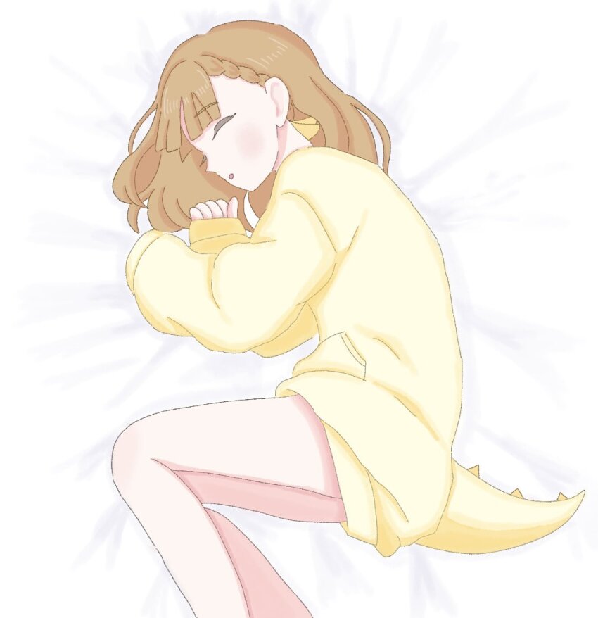 1girl, bow, braid, brown_hair, center-flap_bangs, closed_eyes, commentary_request, dinosaur_tail