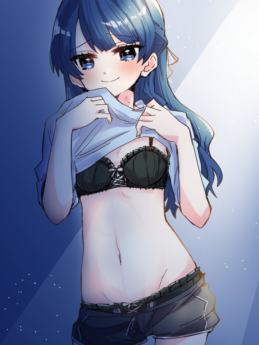 1girl, black_bra, black_panties, black_shorts, blue_background, blue_shirt, blush, bra