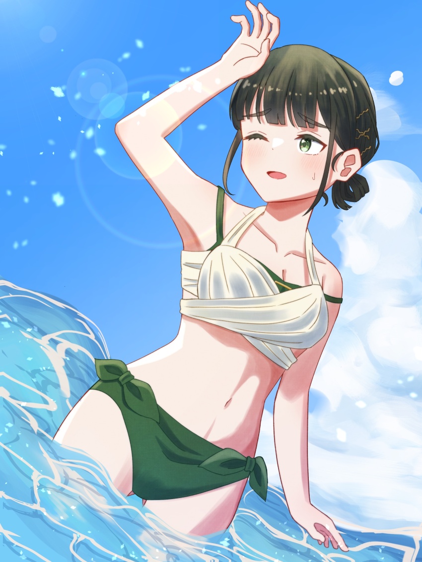 1girl, ;d, absurdres, arm_up, armpits, bare_shoulders, bikini, blue_sky