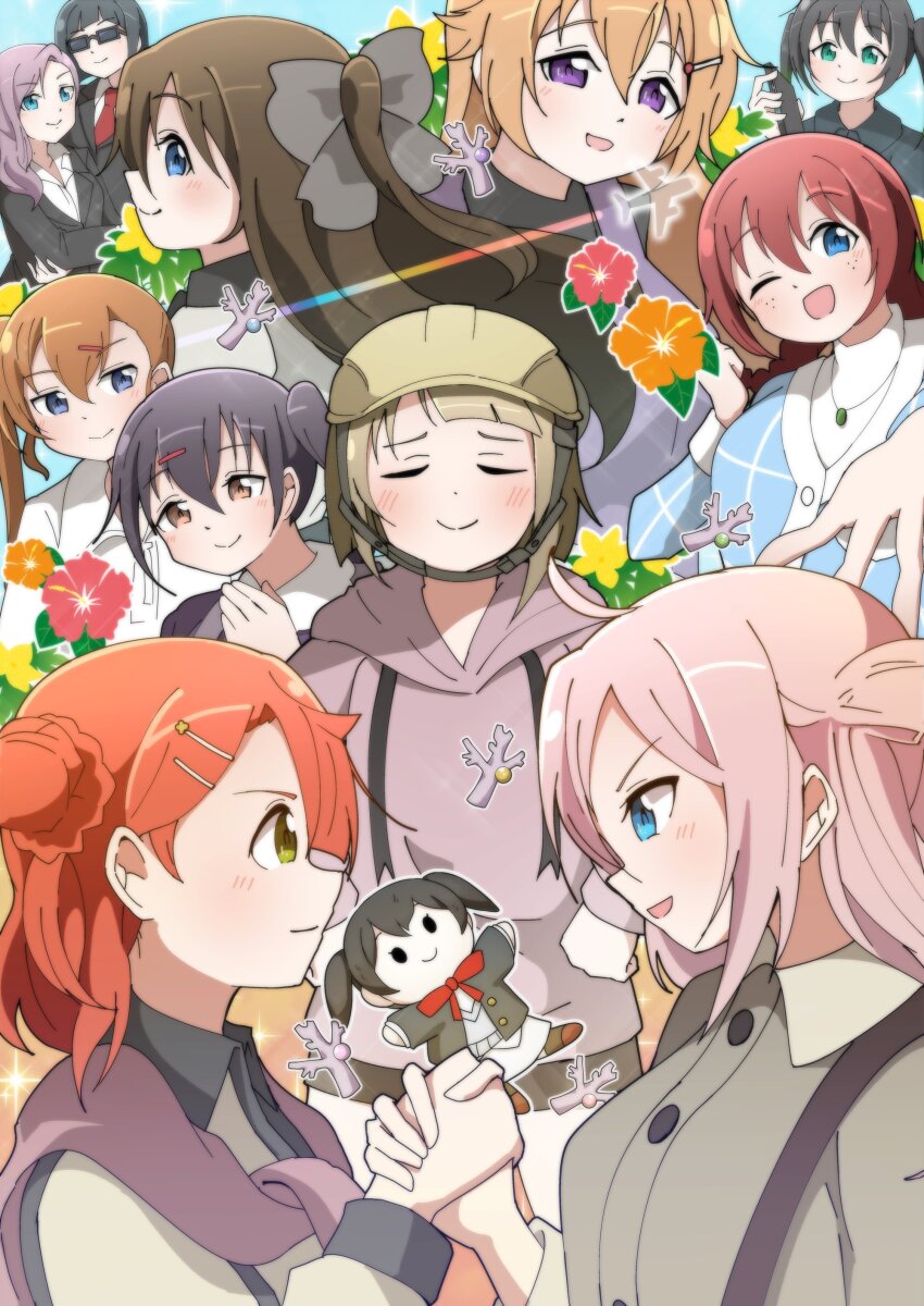 3nu_m, 6+girls, :d, ;d, absurdres, ahoge, akamine_ten, black_jacket