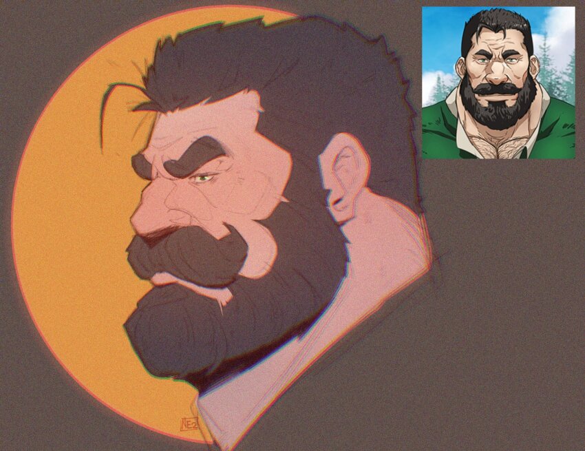 1boy, beard, bernard_(lustful_desires), commentary, english_commentary, facial_hair, head_only, highres, lustful_desires, male_focus, mr_nellory, mustache, old, old_man, profile, reference_inset