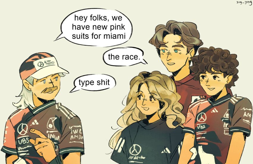 1girl, 3boys, andrea_kimi_antonelli, baseball_cap, black_eyes, black_shirt, blonde_hair, blue_eyes, brown_hair, commentary, doriane_pin, english_commentary, english_text, f1_academy, facial_hair, formula_one, george_russell, hand_up, hat, highres, long_hair, looking_at_another, multiple_boys, mustache, no_sclera, open_mouth, parted_bangs, pink_hat, real_life, red_shirt, shirt, short_hair, short_sleeves, simple_background, smile, sog_goog, speech_bubble, talking, valtteri_bottas, wavy_hair, white_background, white_hair