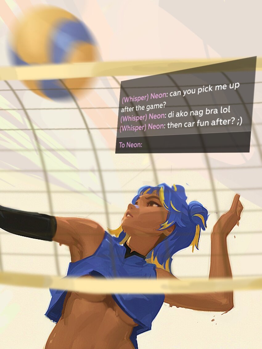 1girl, ai-assisted, blonde_hair, blue_hair, blue_shirt, breasts, brown_eyes, highres