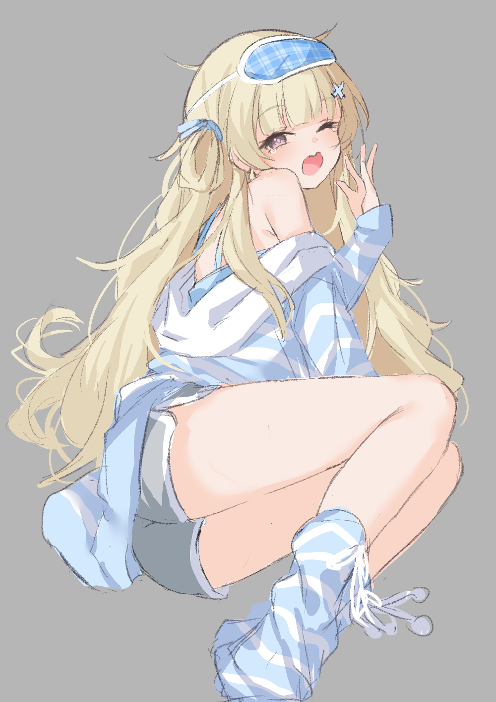 1girl, alternate_costume, bare_shoulders, blonde_hair, blue_socks, commentary_request, dolphin_shorts, grey_background