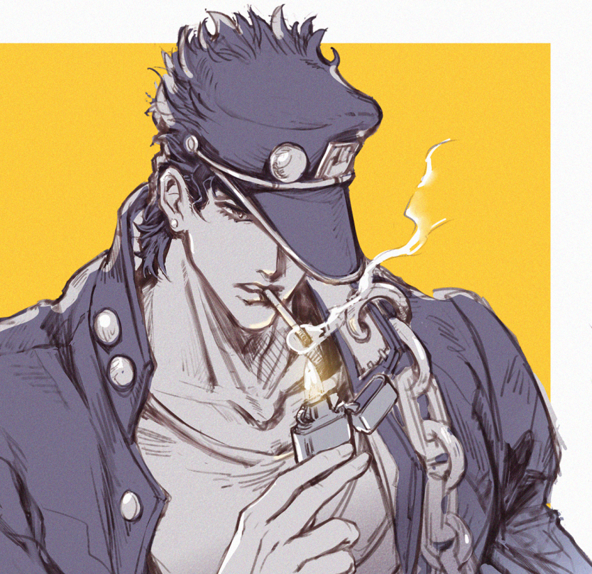 1boy, 70491014_(argon-1014-), chain, chinese_commentary, cigarette, commentary_request, greyscale_with_colored_background, hat