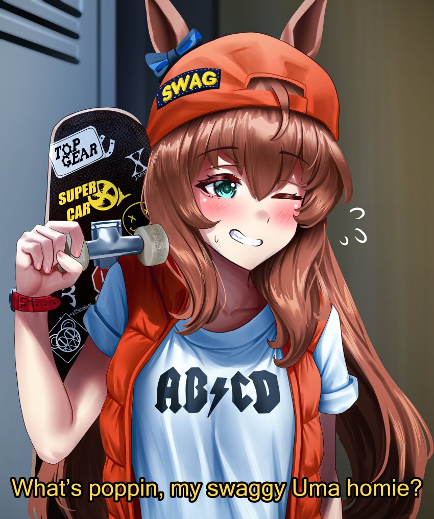 1girl, 30_rock, absurdres, ac/dc, alternate_costume, animal_ears, backwards_hat, band_shirt