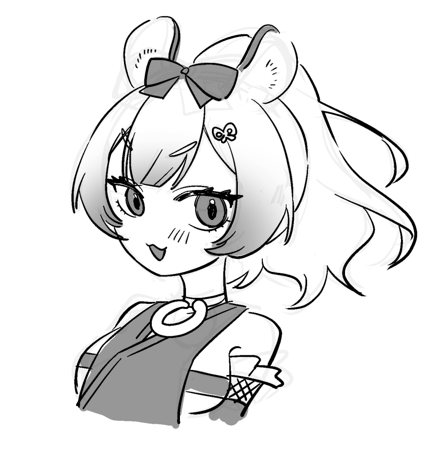 1girl, animal_ears, azur_lane, bow, breast_strap, cropped_torso, greyscale, hair_bow