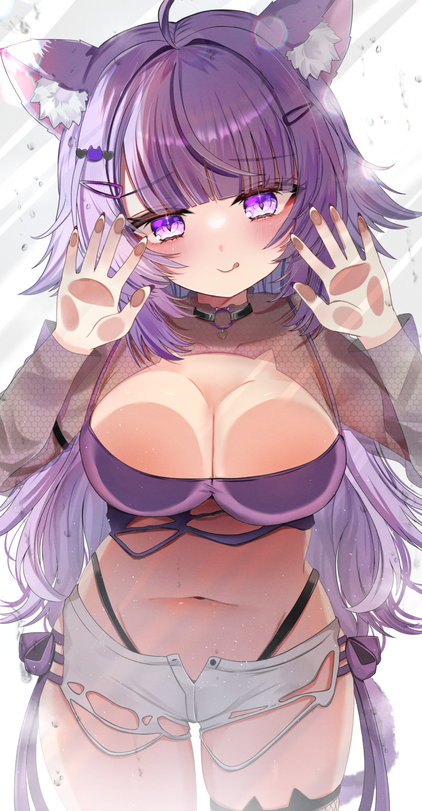 1girl, against_glass, ahoge, animal_ears, black_choker, black_necktie, blush, breast_press