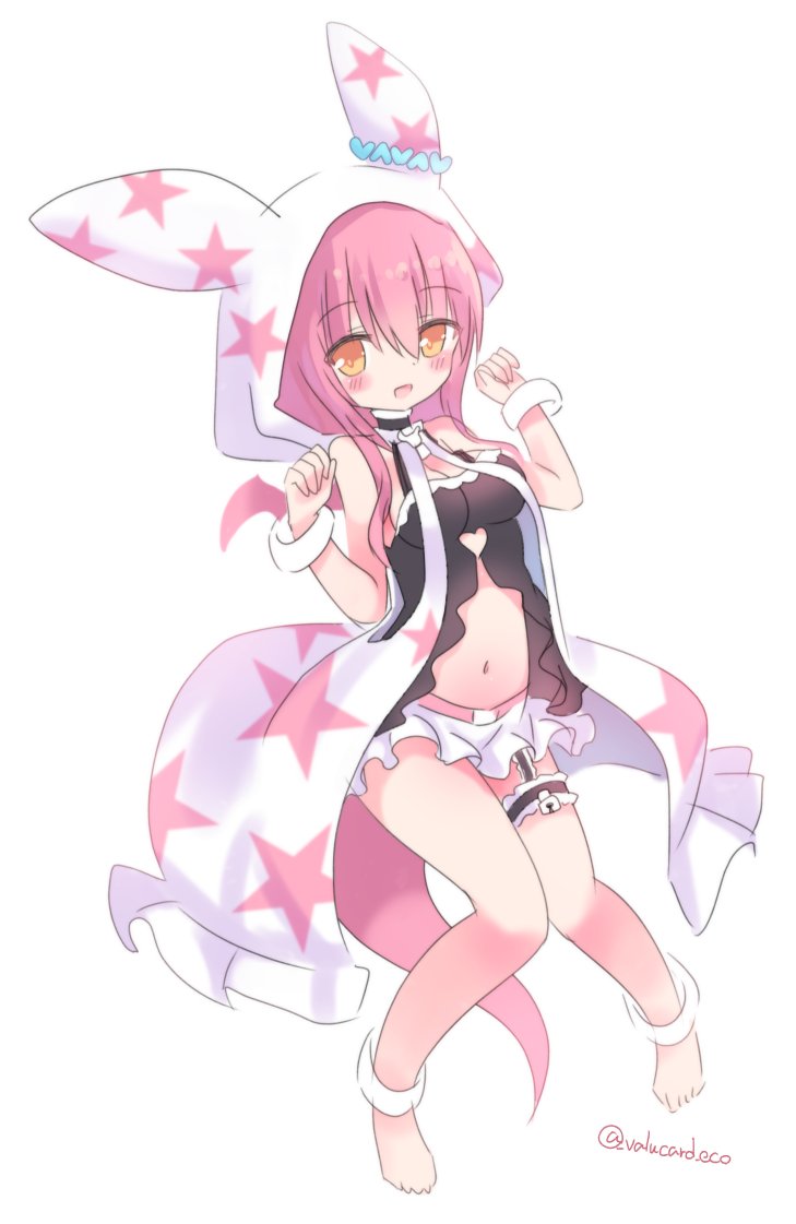 1girl, animal_ear_headwear, babydoll, black_babydoll, breasts, cleavage, clothing_cutout, emil_chronicle_online, fake_animal_ears, jacket, large_breasts, mitama_nanai, navel, open_mouth, orange_eyes, pink_hair, skirt, solo, star_(symbol), star_print, stomach_cutout, thigh_strap, twitter_username, valucard_eco, white_background, white_jacket, white_skirt, white_wrist_cuffs, wrist_cuffs