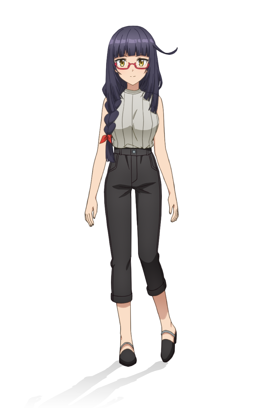 1girl, anime_coloring, black_hair, black_sandals, blunt_bangs, blush, braid, breasts