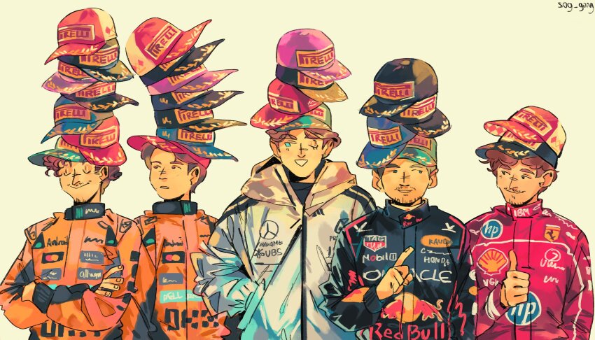 5boys, baseball_cap, black_eyes, blue_eyes, blue_racing_suit, brown_eyes, brown_hair, charles_leclerc