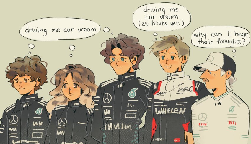 1girl, 4boys, andrea_kimi_antonelli, baseball_cap, black_racing_suit, blonde_hair, blue_eyes, brown_eyes, brown_hair, closed_mouth, commentary, doriane_pin, english_commentary, english_text, f1_academy, facial_hair, formula_one, frederik_vesti, george_russell, grey_background, hat, highres, long_hair, looking_to_the_side, mind_reading, multiple_boys, mustache, no_sclera, open_mouth, parted_bangs, racing_suit, real_life, shirt, short_hair, simple_background, small_sweatdrop, smile, sog_goog, speech_bubble, thought_bubble, valtteri_bottas, wavy_hair, white_hair, white_hat, white_shirt, world_endurance_championship