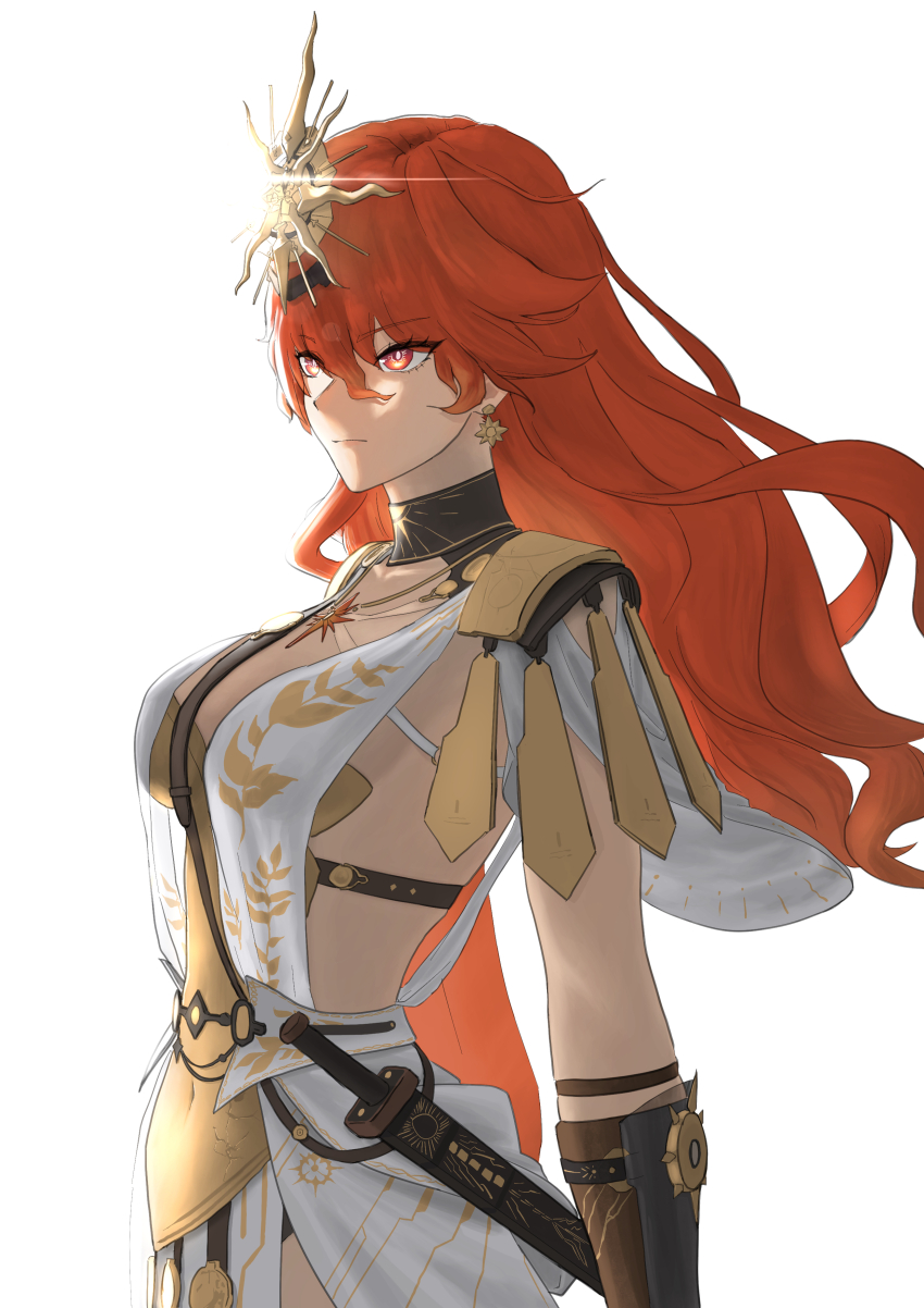 1girl, absurdres, ancient_greek_clothes, arm_armor, armor, augusta_(wuthering_waves), bell_(only-id_228), black_collar, breastplate, breasts, closed_mouth, collar, commentary, covered_navel, cowboy_shot, dress, earrings, greco-roman_clothes, hair_between_eyes, headgear, highres, jewelry, large_breasts, long_hair, looking_ahead, orange_hair, red_eyes, sheath, simple_background, solo, sun_earrings, sun_necklace, white_background, white_dress, wuthering_waves