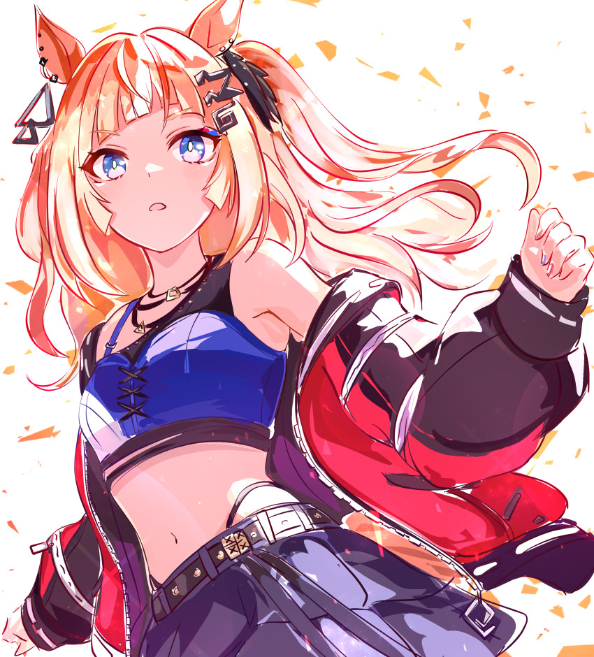 1girl, absurdres, animal_ears, bare_shoulders, blue_eyes, blue_shirt, blue_skirt, blunt_bangs