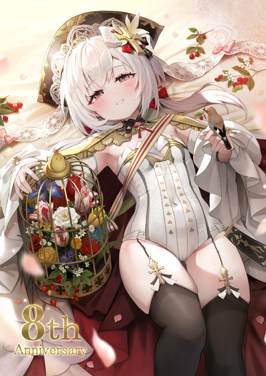 1girl, absurdres, anniversary, azur_lane, bird, bird_on_hand, black_garter_straps, black_hat